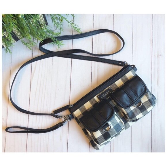 CHAPS Black & Cream Buffalo Plaid Convertible Clutch Shoulder Handbag Crossbody - Picture 2 of 8